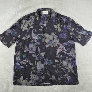 YoungLA Short Sleeve Button Up Shirt Men's Large Black Floral Scorpion Viscose
